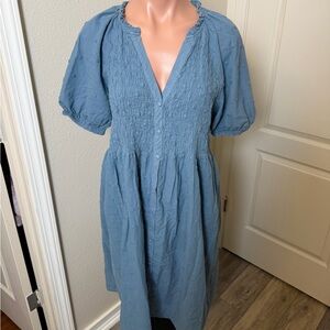 Mango Blue Button-Up Dress with Puff Sleeves Sz XL